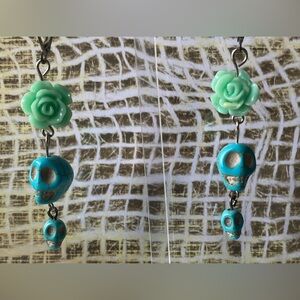 Turquoise Double Stone Skull with Floral Earrings